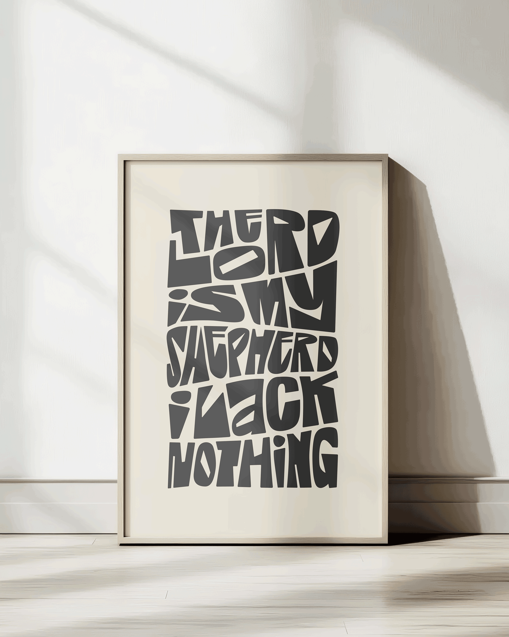 the lord is my shepherd i lack nothing black beige Bold modern typographic Bible verse wall decor art print framed mockup hoolyprints