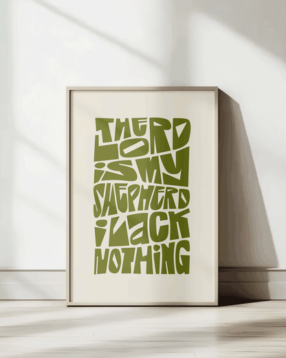 the lord is my shepherd i lack nothing green psalm 23 Bold modern typographic Bible verse wall decor art print framed mockup hoolyprints