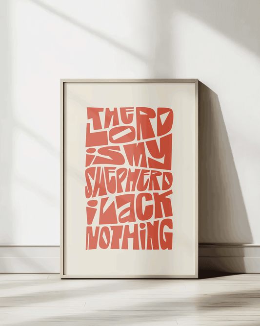 the lord is my shepherd i lack nothing orange psalm 23 Bold modern typographic Bible verse wall decor art print framed mockup hoolyprints