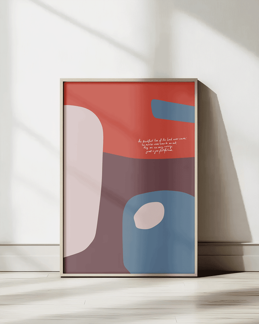 steadfast love red blue Modern minimal abstract Bible verse print framed mockup hoolyprints