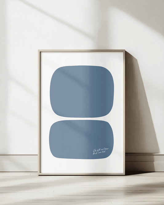 be still and know that i am god grayblue Modern minimal abstract Bible verse print framed mockup