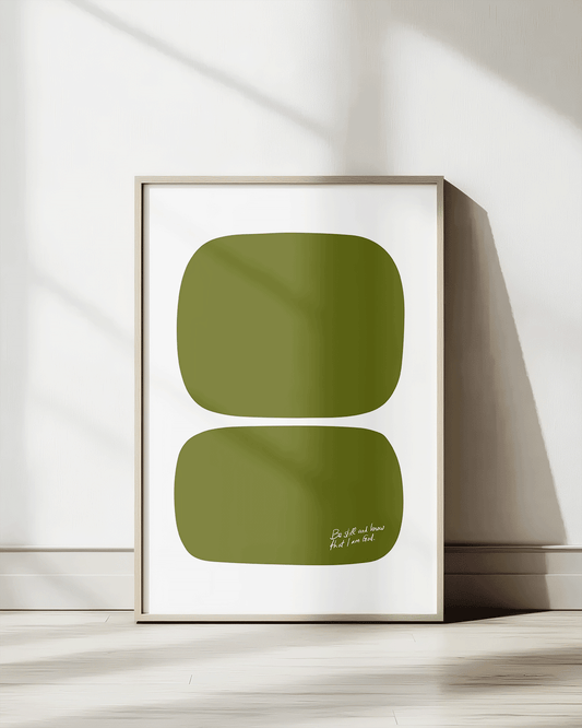 be still and know that i am god green Modern minimal abstract Bible verse print framed mockup
