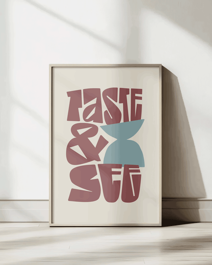 taste and see red-brown turquoise Bold modern typographic Bible verse print framed mockup hoolyprints