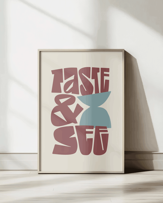 taste and see red-brown turquoise Bold modern typographic Bible verse print framed mockup hoolyprints