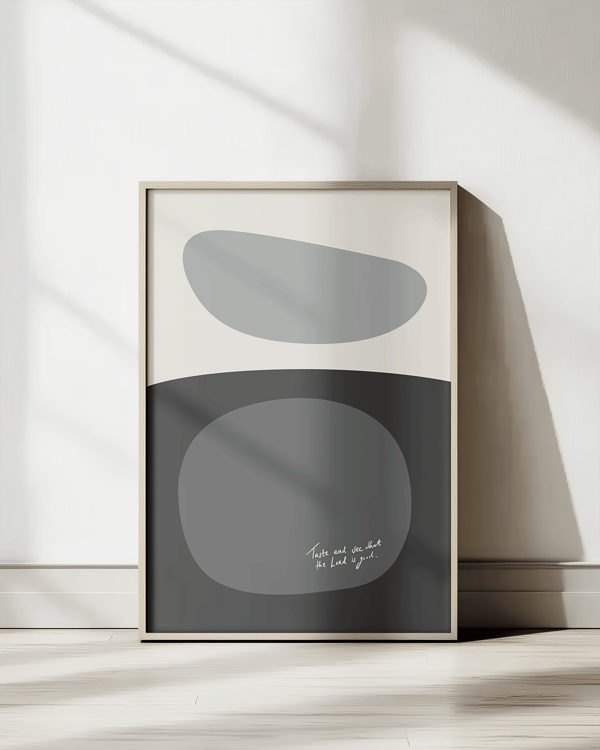 taste and see that the lord is good gray Modern minimal abstract Bible verse print framed mockup