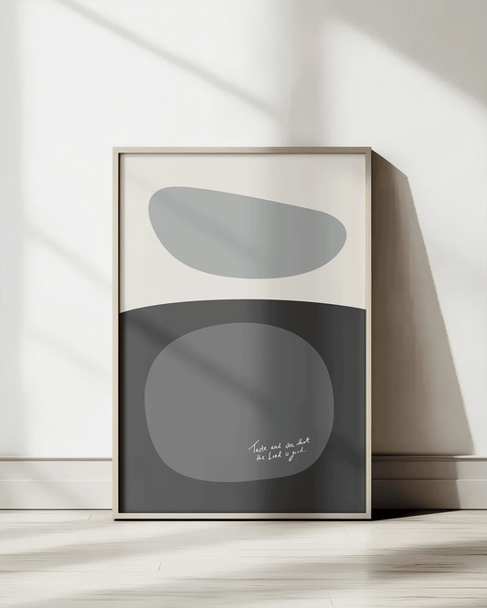 taste and see that the lord is good gray Modern minimal abstract Bible verse print framed mockup