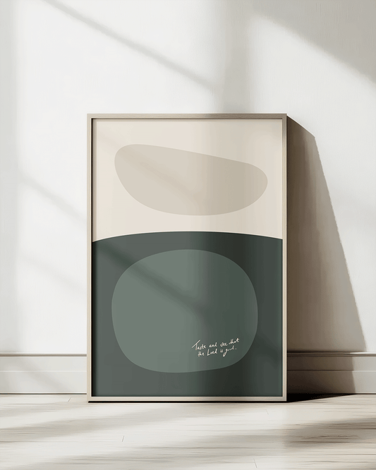taste and see that the lord is good green beige Modern minimal abstract Bible verse print framed mockup