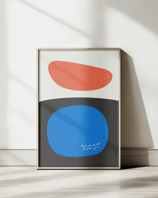 taste and see that the lord is good blue black red Modern minimal abstract Bible verse print framed mockup