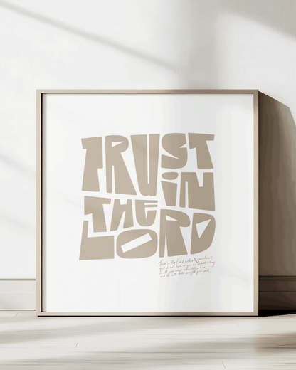 trust in the lord almond square Bold modern typographic Bible verse print framed mockup hoolyprints