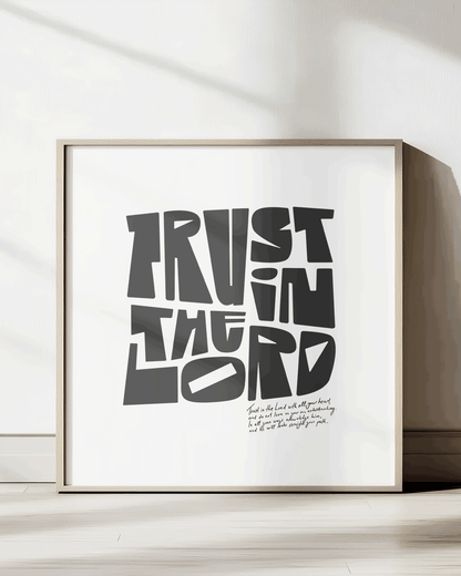 trust in the lord black square Bold modern typographic Bible verse print framed mockup hoolyprints