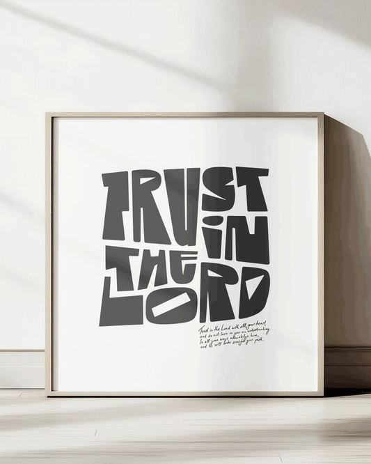 trust in the lord black square Bold modern typographic Bible verse print framed mockup hoolyprints