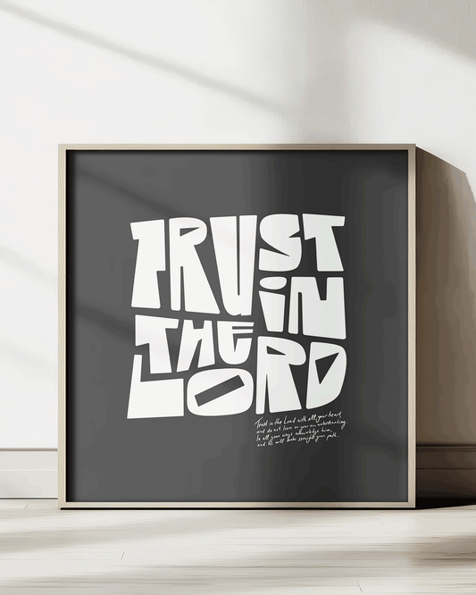 trust in the lord black square Bold modern typographic Bible verse print framed mockup hoolyprints