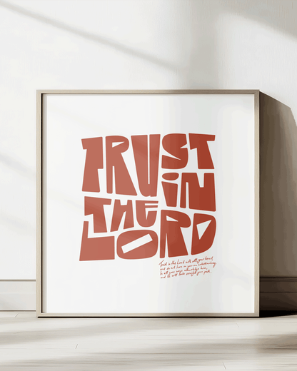 trust in the lord brownred square Bold modern typographic Bible verse print framed mockup hoolyprints
