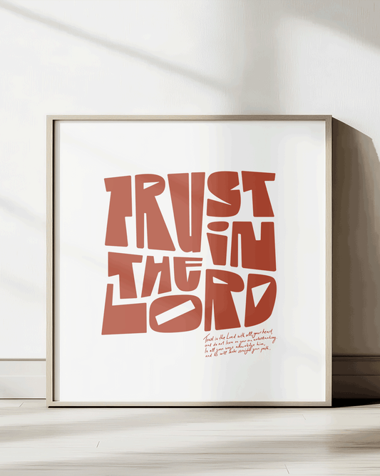trust in the lord brownred square Bold modern typographic Bible verse print framed mockup hoolyprints