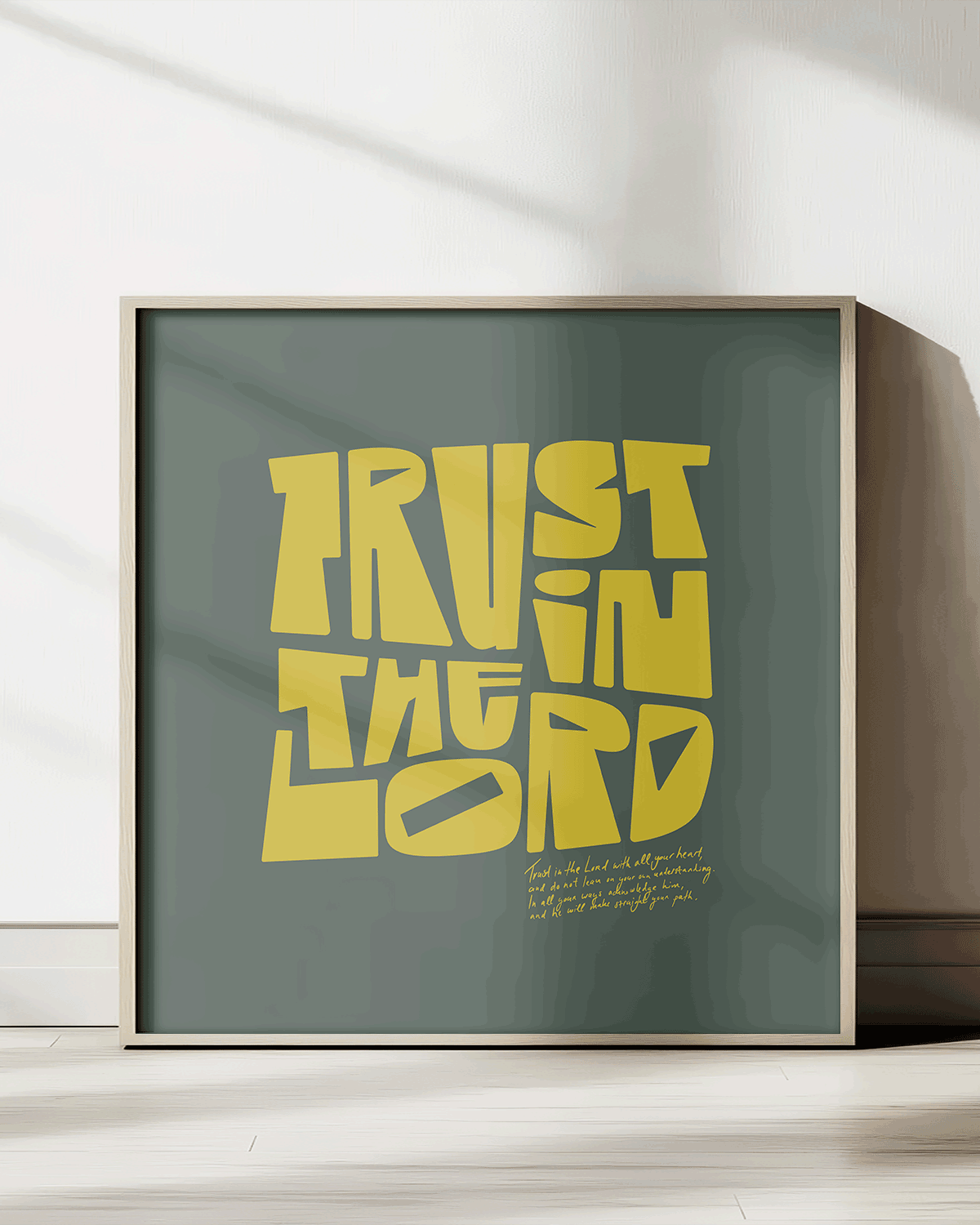 trust in the lord yellow green square Bold modern typographic Bible verse print framed mockup hoolyprints