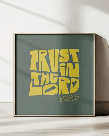 trust in the lord yellow green square Bold modern typographic Bible verse print framed mockup hoolyprints
