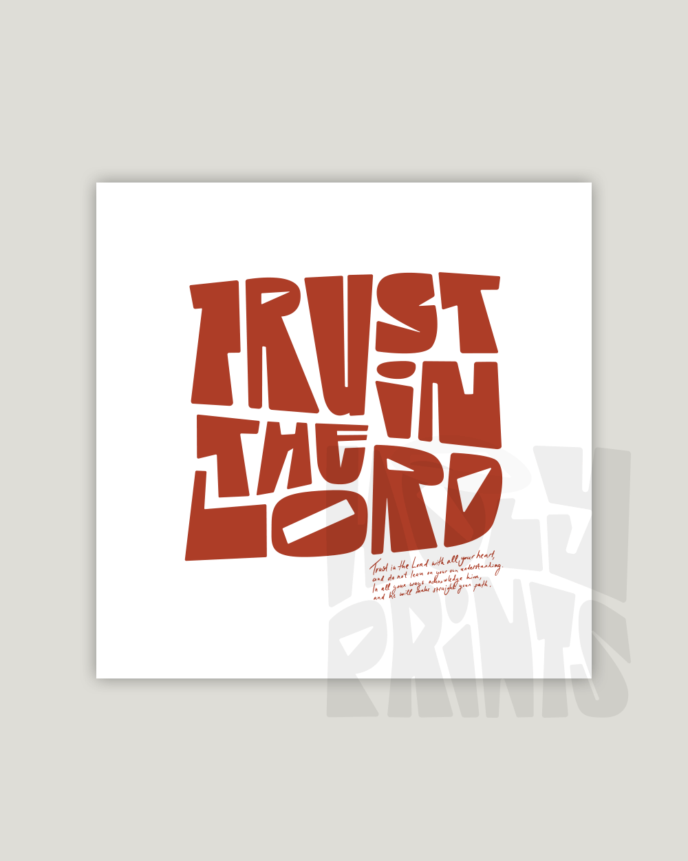 trust in the lord brownred square Bold modern typographic Bible verse example print inches hoolyprints