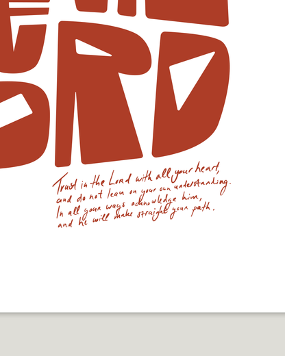 trust in the lord brownred square Bold modern typographic Bible verse handwritten detail hoolyprints