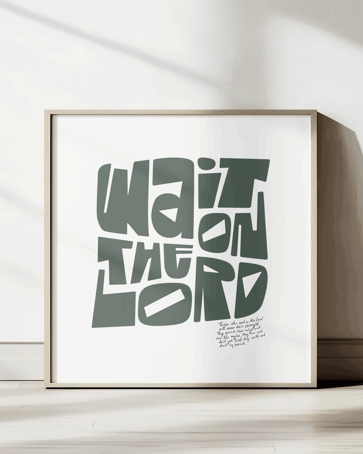 wait on the lord dark green squared Bold modern typographic Bible verse print framed mockup hoolyprints