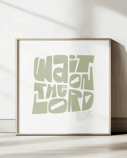 wait on the lord squared light green Bold modern typographic Bible verse print framed mockup hoolyprints