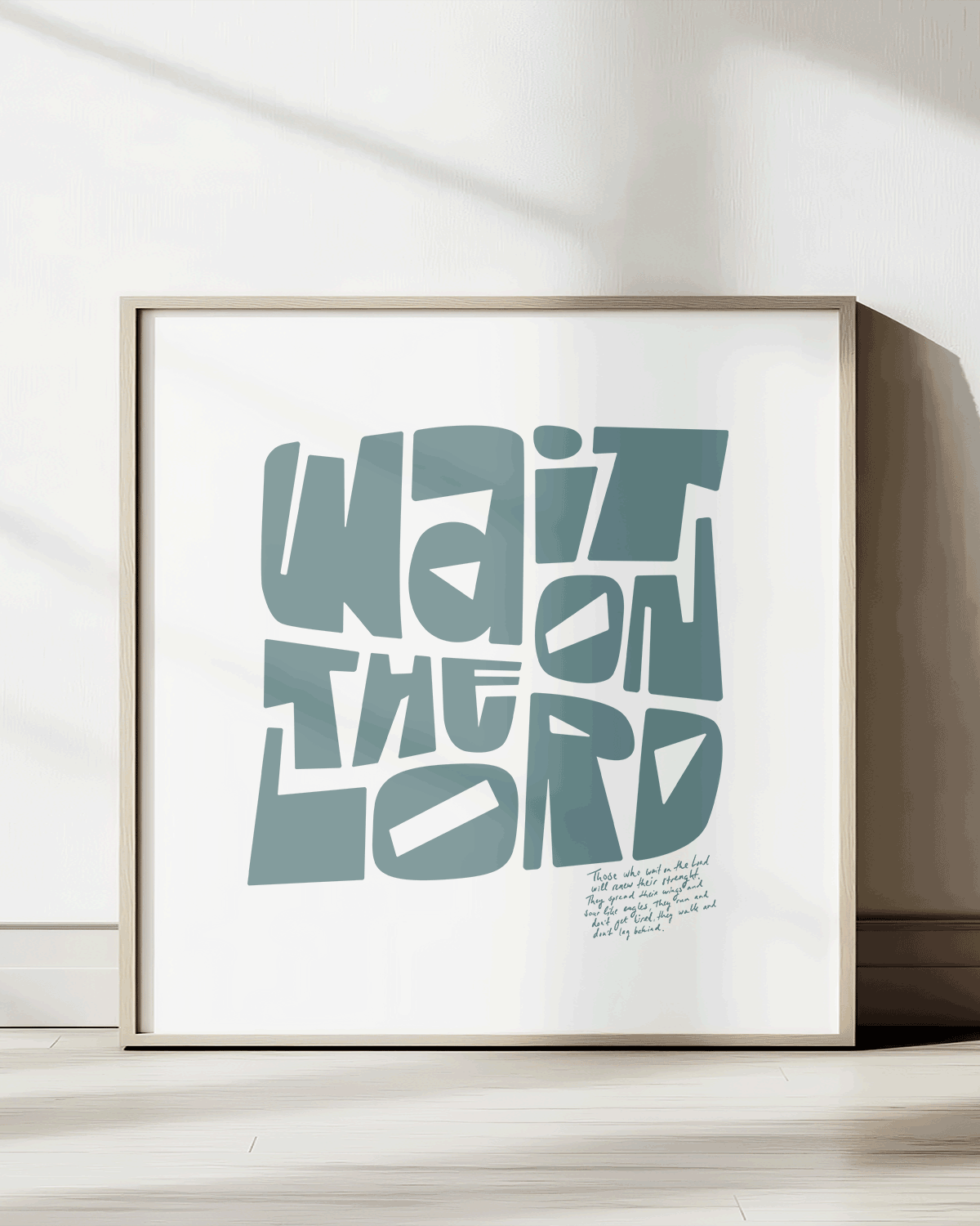 wait on the lord square turquoise Bold modern typographic Bible verse print framed mockup hoolyprints