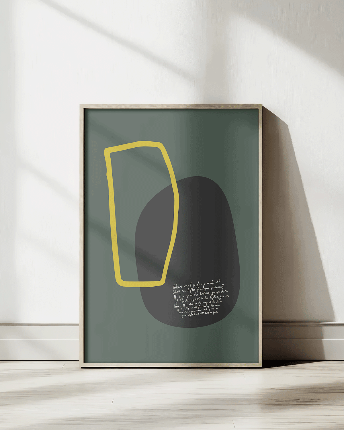 bible verse modern art print green yellow black framed mockup